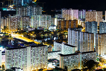 夜间在香港的公屋公寓市中心城市居所房屋建筑景观住宅住房民众图片