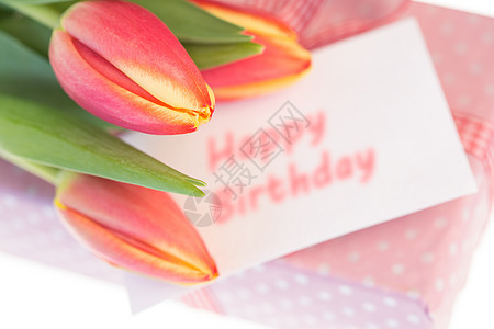 粉红和黄色的郁金香 仰赖着粉红色包裹的礼物 与生日快乐问候图片
