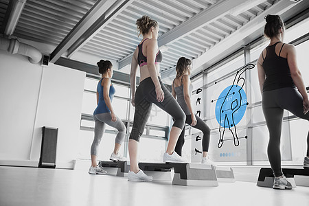 使用蓝色未来界面锻炼的女性后视图有氧运动数据示范绘图工作室头发运动健身房身体全息图片