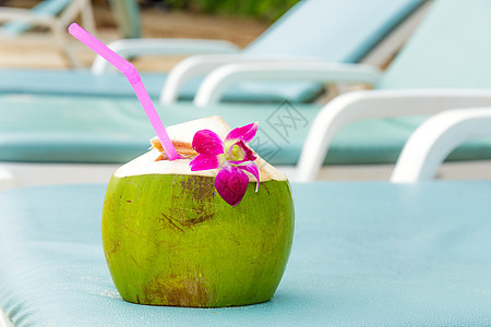 日光浴和椰子饮料晴天时间长椅闲暇粉色稻草休息室果汁绿色座位图片