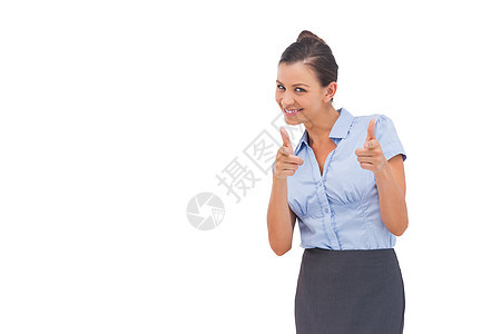 笑笑的女商务人士露出什么快乐裙子女性商业女士微笑衬衫商务手指人士图片
