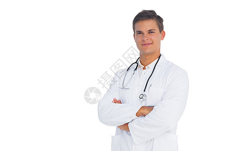 医生带着双手微笑着笑快乐男人双臂男性医疗实验工作服服务工作职业图片