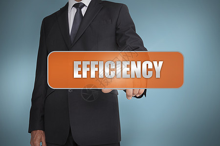 在橙色标签上选择“效率”字词的商务人士图片