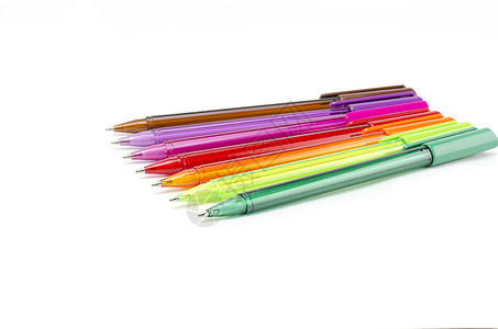白上孤立的彩色笔收藏教育毛毡金属塑料紫色乐器圆珠笔工作写作图片