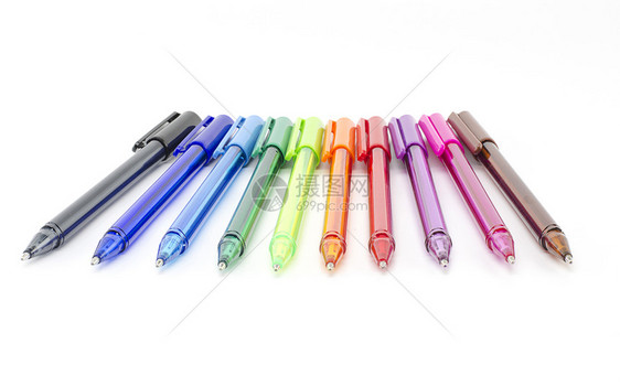 白上孤立的彩色笔金属钢笔塑料毛毡圆珠笔绘画商业工艺教育乐器图片