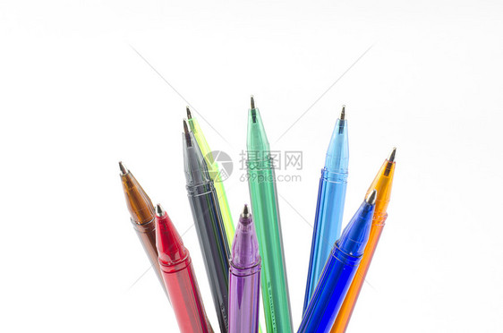 白上孤立的彩色笔毛毡宏观圆珠笔工具钢笔工艺工作墨水教育收藏图片