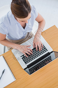 商业妇女用笔记本电脑打字技术记事本衬衫商务女性工作职业棕色人士公司图片