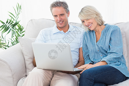 幸福的情侣在沙发上一起用笔记本电脑图片