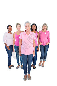 身着粉红顶部和乳腺癌的各类快乐妇女群体图片