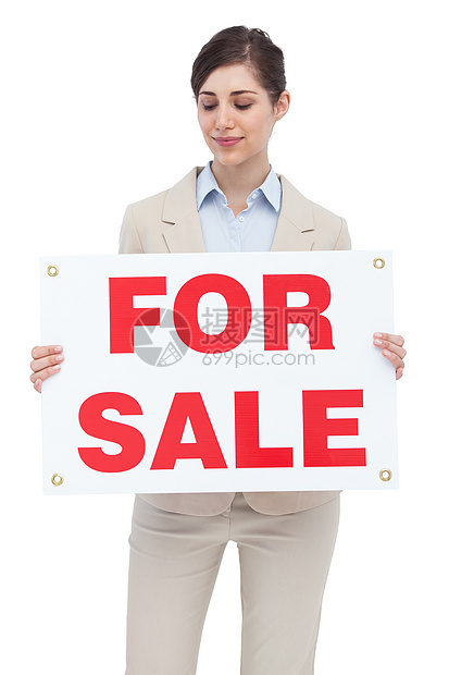 持有供出售的物业代理商棕色微笑房地产商务财产女士红色人士快乐广告图片
