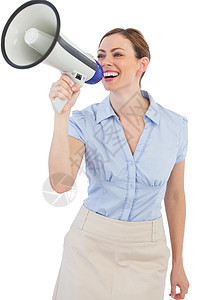 使用扩音器的女商务人士呐喊职业扬声器女士衬衫快乐商务沟通人士女性图片