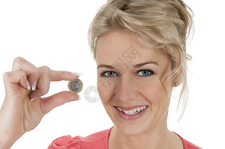 妇女代表1欧元手指白色乐趣硬币现金货币金发女郎成功首都花生图片