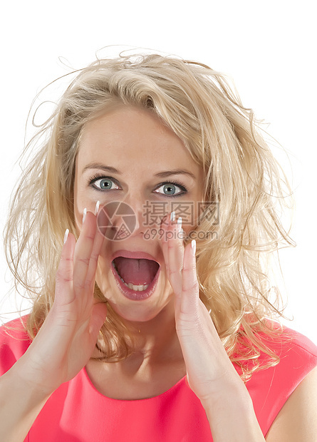 愤怒的妇女红色高声白色女子信号帮助呼唤暴行金发女孩图片