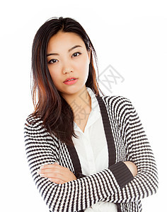 有吸引力的亚洲女孩 20岁在演播室拍摄思维悲伤腰部黑发女性开襟衫休闲服白色情绪愤怒图片