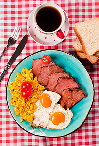 早餐时间勺子拼盘火腿猪肉摄影高角度盘子美食餐饮橙子图片