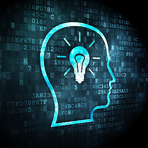 数字背景上带灯泡的广告概念头展示技术头脑公关活动监视器数据蓝色管子产品背景图片
