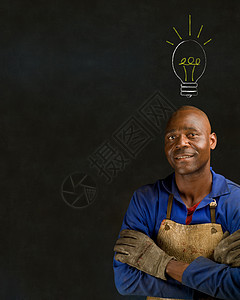 非洲黑人黑男子工业工人 有粉笔灯泡黑板金属金工建造手套安全黑色皮革生产工艺男人图片