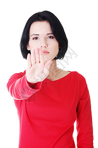 等一等 年轻女子的手势停止女性危险手指挑战戏剧性命令白色美女信号入口图片