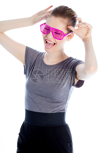 演播室30次拍摄的有吸引力的caucasian女孩眼镜人士白色冒充幸福微笑女性粉色色调商务图片