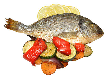 烤鱼和烧烤蔬菜柠檬黄色营养烹饪海鲜鲷鱼食物美食红辣椒萝卜图片