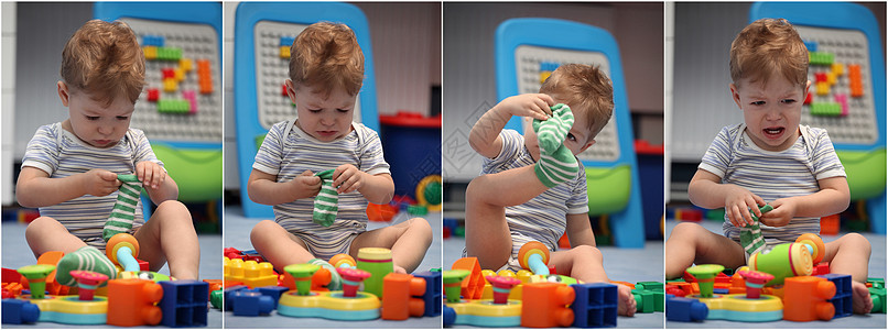 一个想穿袜子的有趣的小男孩男生哭泣童年玩具房间地面婴儿幸福孩子们悲伤图片