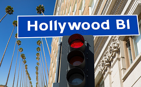 好莱坞大道在棕榈树上插图大道标语信号红灯景观建筑学建筑物地标交通摩天大楼图片