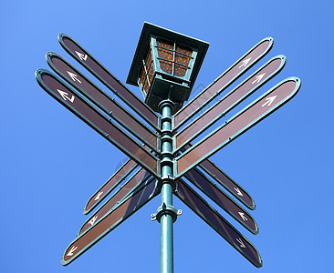 方向路标标志空白指标木板天空蓝色药片白色指导导航概念盘子图片