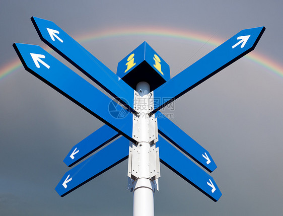方向路标标志空白街道药片天空彩虹水平概念指导蓝色盘子导航图片