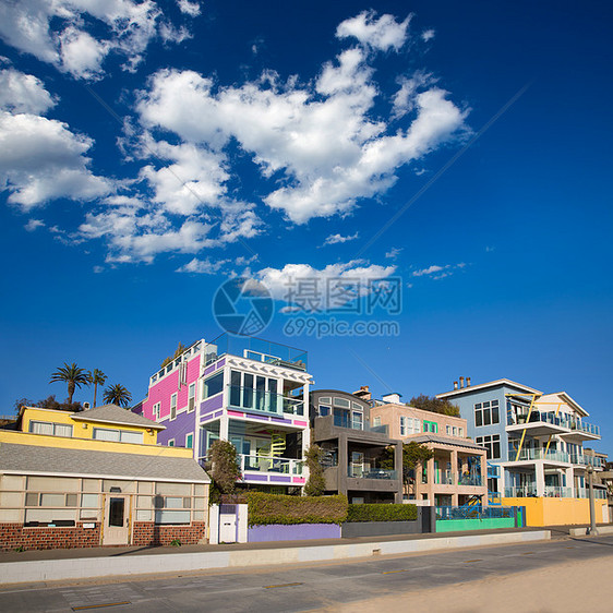 圣莫妮卡加州海滩多彩的房子城市房屋树木紫色天空运动假期棕榈街道海岸图片
