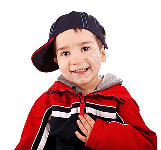 带帽子的小男孩微笑快乐婴儿孩子们童年生长幼儿园红色牛仔裤男性图片