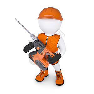 3D男子 持电动穿孔器塑料电缆维修橙子插图背心木偶木材男人职业图片