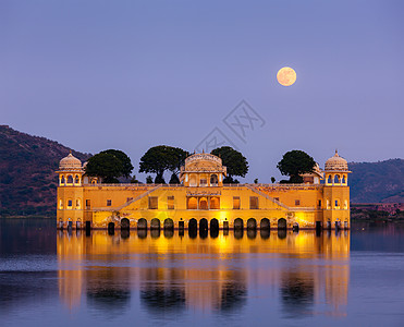 月亮宫Jal Mahal水宫 印度拉贾斯坦邦斋浦尔天空历史性月亮吸引力地标历史旅行旅游月光风景背景