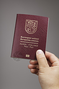 芬兰语护照旅行国籍文档联盟红色拇指手指国家鉴别纹章图片