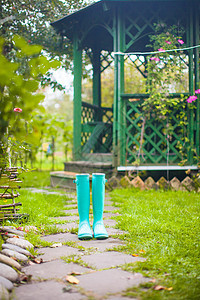 在花园背景的鲜亮时装橡皮靴 木形圆柱图片