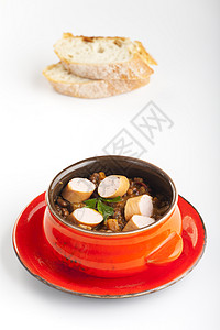 土豆汤 加法茶叶扁豆香菜红色香肠土豆午餐勺子绿色蔬菜健康图片