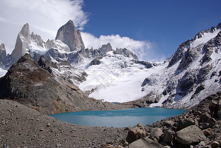 阿根廷菲茨罗伊山登山岩石顶峰地质学石头风景冰川荒野波峰池塘图片