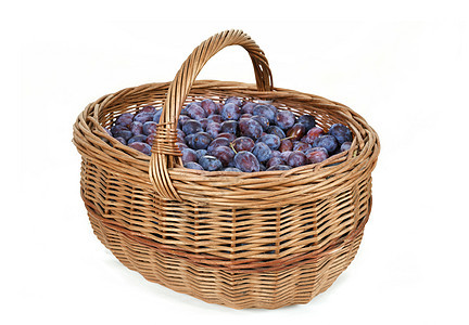 篮子中成熟的李子水果食物团体红色蓝色柳条农民阳光营养紫色图片