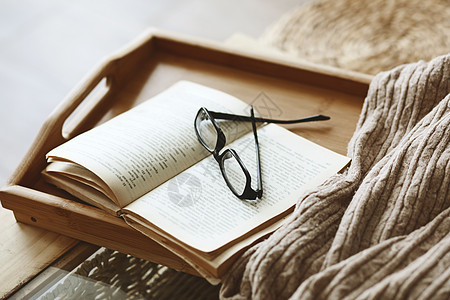 书和毛衣场景棕色托盘眼镜情绪细节静物房子空闲阅读图片