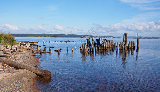 湖中的旧堆积物蓝色海滩运输天空木头全景码头反射港口丘陵图片