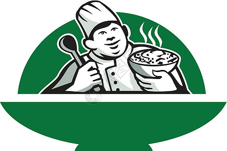 肥厨厨师 保有碗勺汤瑞特罗插图绿色帽子服务食品男人食物工人男性图片