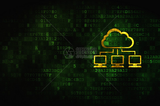 云技术概念 数字背景下的云网络互联网监视器程序软件解决方案黄色绿色屏幕桌面数据图片