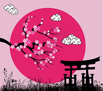 日本樱花和托里门 - 矢量插图图片
