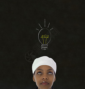 非洲黑黑黑黑板背景女性厨师的构想女孩餐饮教育记忆头脑训练黑色帽子心理学解决方案图片