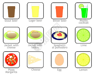 食品和饮料图标插图纽扣面条按钮豆子稻草美食夹克啤酒玻璃图片