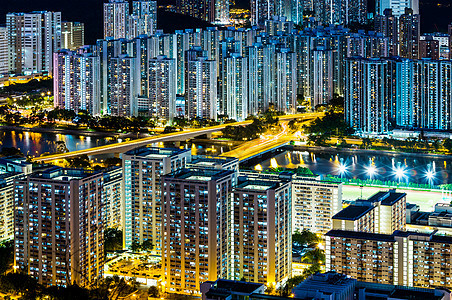 香港市晚上人口建筑住宅住房公寓公寓楼景观房屋居所鸟瞰图图片