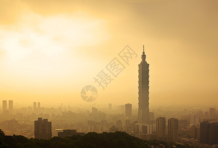 台北台湾晚夜天际市容建筑景观夕阳日落地标金融城市摩天大楼金色图片