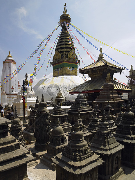 尼泊尔加德满都眼睛旅游旅行胜地游客经幡猴庙佛塔建筑学宗教图片