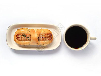 开胃香肠面包和咖啡泡沫小吃糕点酵母活力精力食物芳香饮料味道图片