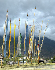 不丹王国     祈祷旗旅行宗教佛教徒山坡旅游经幡图片