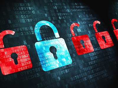 安全概念 数字背景的锁上互联网攻击政策裂缝技术锁孔红色软垫钥匙犯罪图片